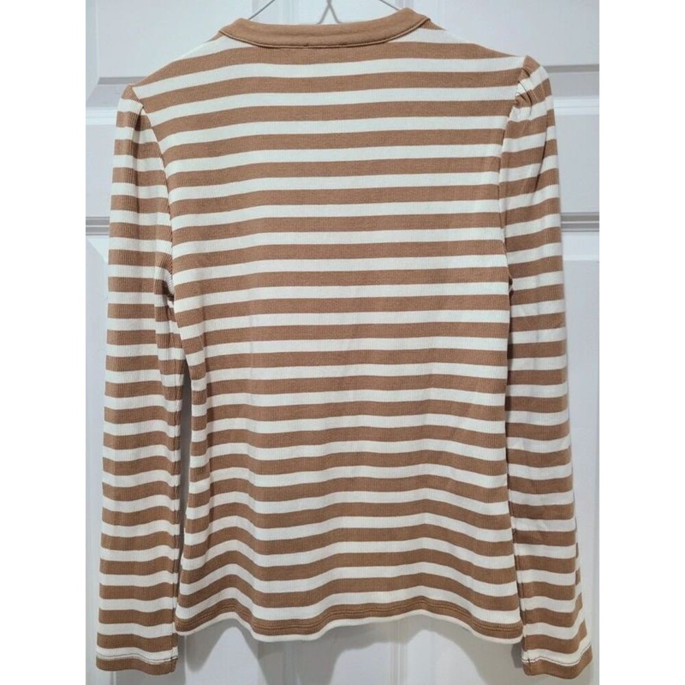Talbots Tan & Cream Striped Ribbed Henley SP - Picture 2 of 4